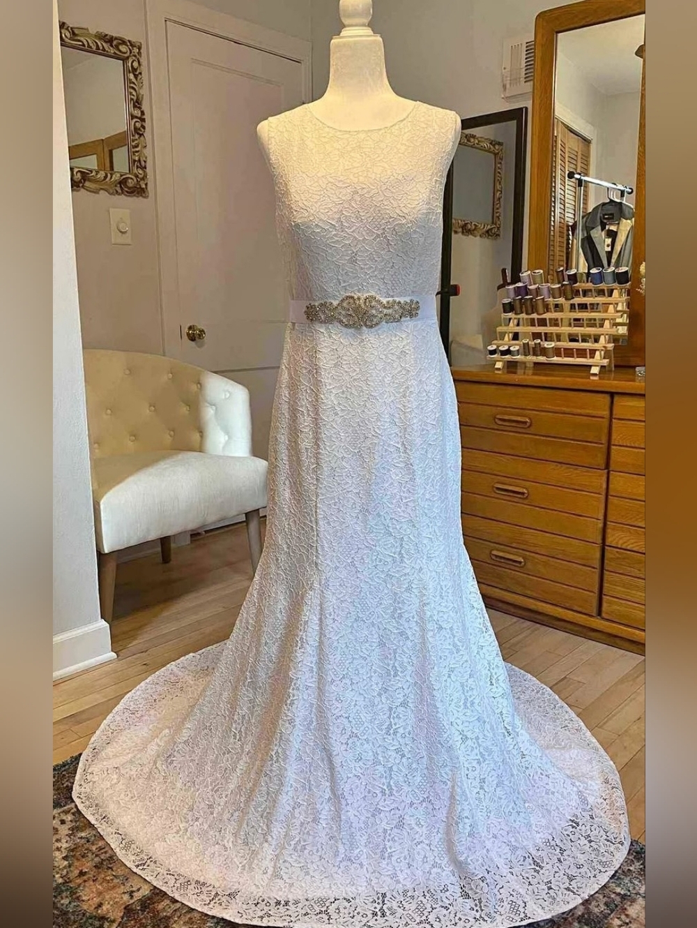 Elegant Lace Bridal Gown with Beaded Waist Sash